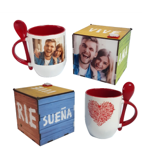 Set de Taza Personalizada 13 oz con Cuchara + Caja MDF con Acrílico – Regalos Únicos y Personalizados